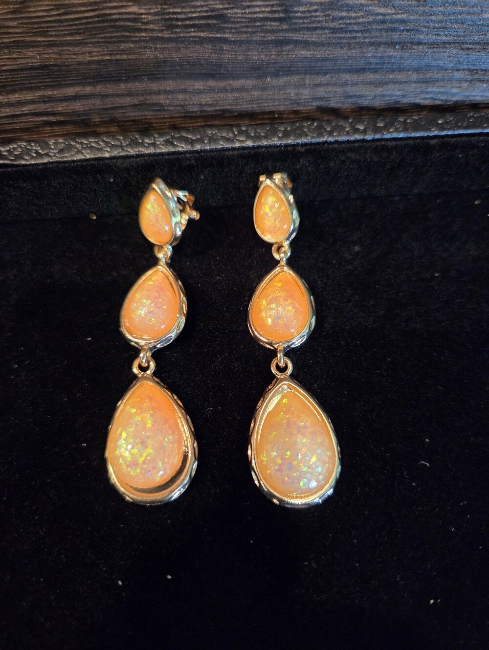 Opal Teardrop Dangle Clip Earrings - Orange Opal Effect